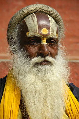 Portrait of a holy man sadhu with a white beard and painted forehead Kathmandu Nepal