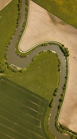 Aerial view, meandering River Lippe, embankment, field, meadow, Hamm-Werries, Ruhr Area, North Rhine-Westphalia, Germany, Europe