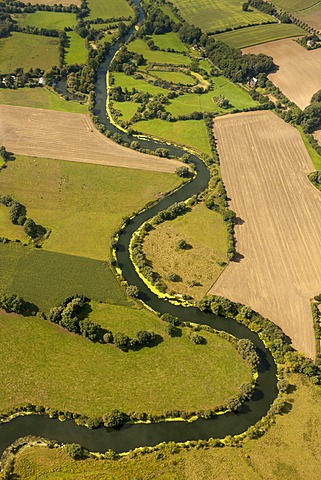 Aerial view, Lippe river, meander, meadows, fields, Bergkamen, Ruhr area, North Rhine-Westphalia, Germany, Europe