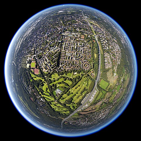 Aerial view, shot with a fisheye lens, Nesselrodeweg settlement and Bruchwiesenring circular settlement, Gelsenkirchen Golf Club, Gelsenkirchen-Buer, Ruhr area, North Rhine-Westphalia, Germany, Europe