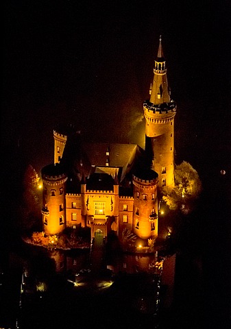 Aerial view of Moyland moated castle, neo-Gothic style, night shot, Bedburg-Hau, North Rhine-Westphalia, Germany, Europe