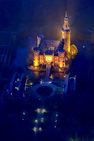 Aerial view of Moyland moated castle, neo-Gothic style, night shot, Bedburg-Hau, North Rhine-Westphalia, Germany, Europe