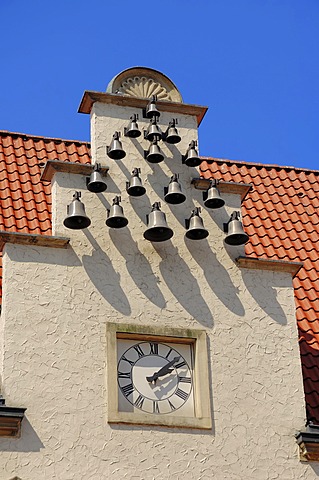 Old Town Hall, facade with clock and chimes, registry office and tourist information, Haltern am See, Muensterland, North Rhine-Westphalia, Germany, Europe, PublicGround