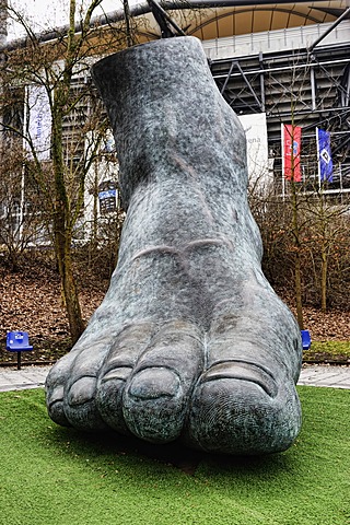 Monument, foot of football legend Uwe Seeler by Brigitte Schmitges, Imtech Arena stadium in Hamburg, Germany, Europe