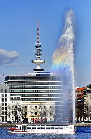 Inner Alster Lake, or lake Binnenalster, Alster fountain and the television tower in Hamburg, Germany, Europe