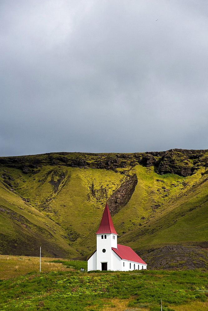 Church in the village of Vik i Myrdal, South Coast, Iceland, Europe