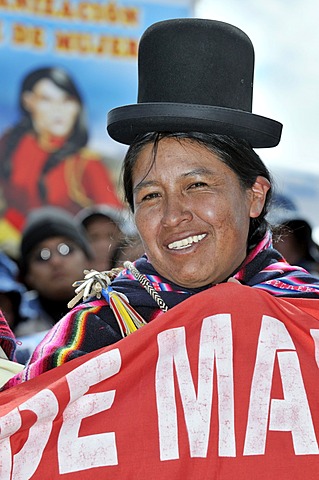 Woman in traditional dress of the Aymara at the re-election ceremony for President Evo Morales Ayma in Tiwanaku, La Paz, Bolivia, South America