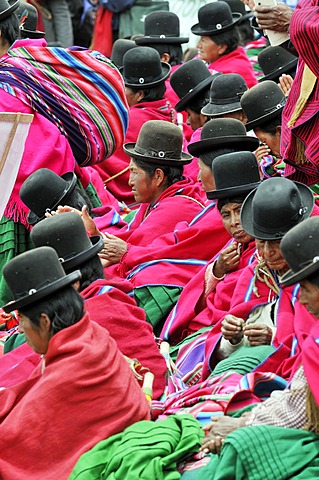 Women in traditional dress of the Aymara Indians at the re-election ceremony for President Evo Morales Ayma in Tiwanaku, La Paz, Bolivia, South America