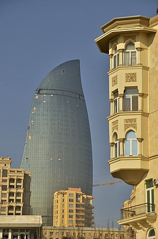 Art Nouveau facade at the beach promenade, Bulevar, in front of the facade of one of the high-rise towers of the three Flame Towers, the new landmark of the city, Baku, Azerbaijan, Caucasus, Middle East, Asia