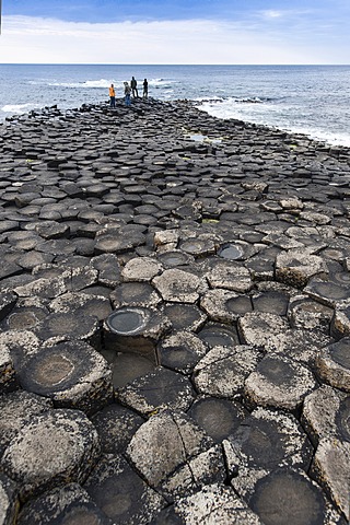 Tourists standing on headland on basaltic rocks, Giant's Causeway, Coleraine, Northern Ireland, United Kingdom, Europe