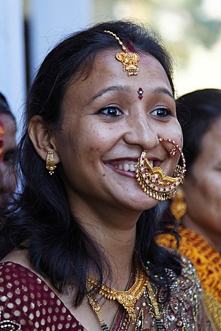 Female wedding guest wearing jewelry, Golu Devta Temple or Golu Devata Temple, Temple of the Bells, a temple for the God Golu, Ghorakhal, Uttarakhand, North India, India, Asia