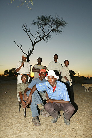 Group of community men gathering under the village tree, Sehitwa, Botswana, Africa