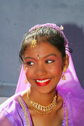 Portrait of a girl of Indian ethnicity at a Hindu Festival in Georgetown, Guyana, South America