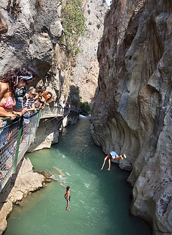 Tourists at Saklikent Gorge near Tlos and Fethiye, Lycian coast, Lycia, Mediterranean, Turkey, Asia Minor