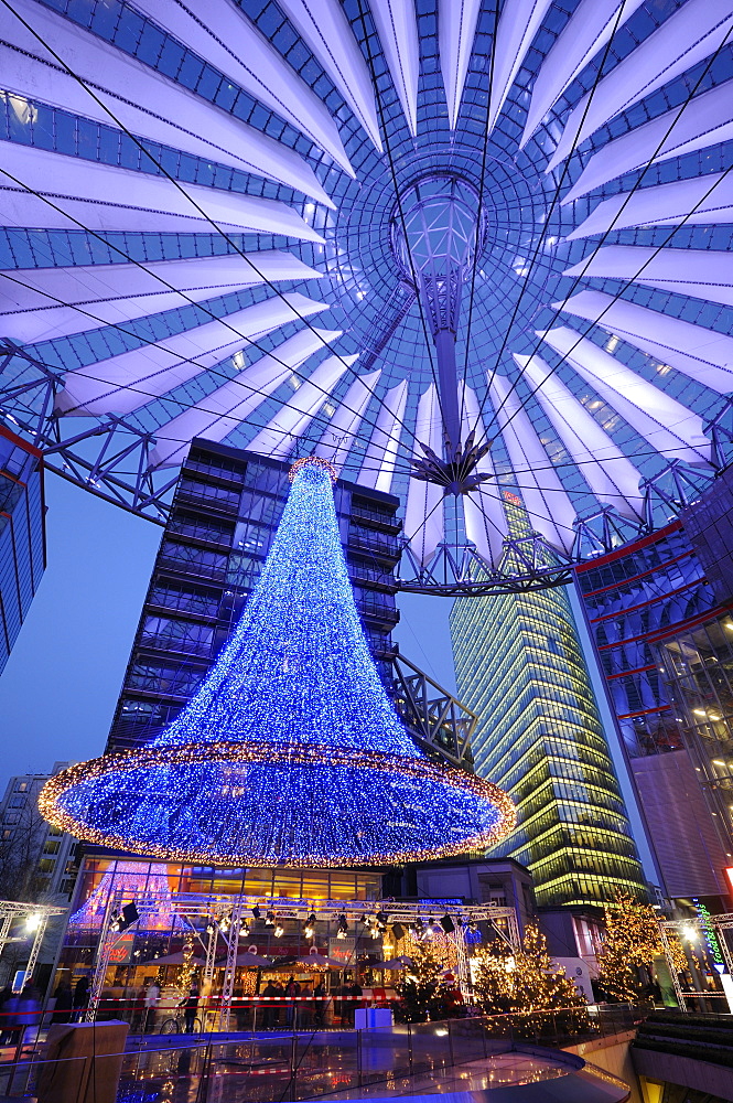 Christmas market, central forum of the Sony Center, Potsdamer Platz square, Berlin, Germany, Europe