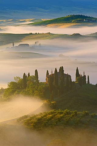 The Belvedere at dawn, morning fog, Val d'Orcia, Orcia Valley, UNESCO World Heritage Site, Siena Province, Tuscany, Italy, Europe
