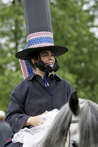 Man in Abraham Lincoln costume, Fourth of July celebrations (Independence Day) in Gustavus: population 400, Alaska, USA, North America