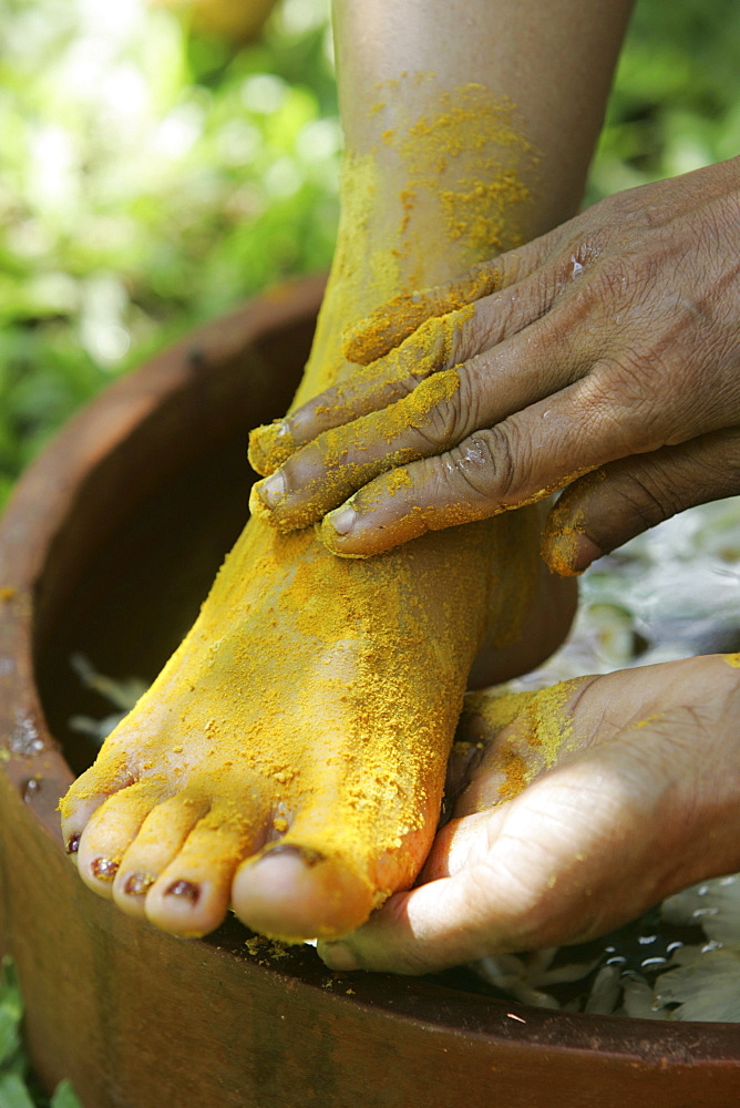 LKA, Sri Lanka : Siddhalepa Ayurveda Resort, Food massage, oiling, herb bath fot feet.