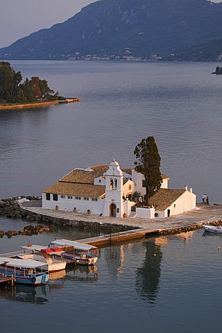 View from Kanoni to the Island of Vlacherna with the monastery and Mouse Island, Kerkyra, Corfu, Ionian Islands, Greece, Europe