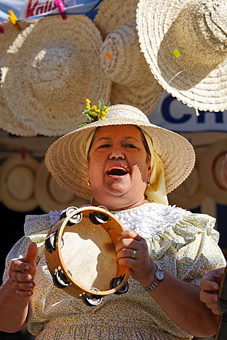 Folklore singer with tambourine, San Bartolome de Tirajana, Tunte, Gran Canaria, Spain