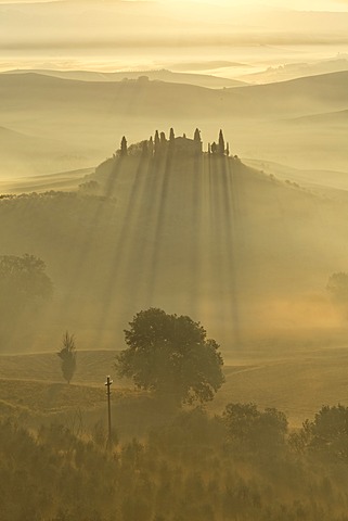 Morning mood, view towards Podere Belvedere, San Qurico d'Orcia, UNESCO World Cultural Heritage Site, Tuscany region, province of Siena, Italy, Europe