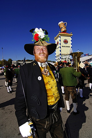 Man wearing a traditional costume in a procession, Wies\'n, Oktoberfest, Munich, Bavaria, Germany, Europe