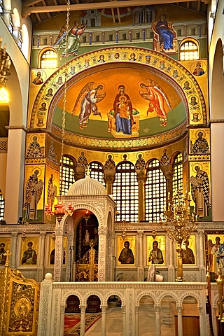 Reconstructed Byzantine style frescos of the 4th century AD, 3-aisled Romanesque basilica of Saint Demetrius, or Hagios Demetrios,             a Palaeochristian and Byzantine Monument of Thessaloniki, UNESCO World Heritage Site, Greece, Europe