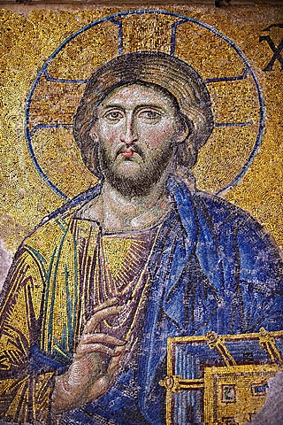 Byzantine DeâˆšÂ´sis, Entreaty, mosaic, 1261, detail of Christ Pantocrator for humanity on Judgment Day, Hagia Sophia, Istanbul, Turkey