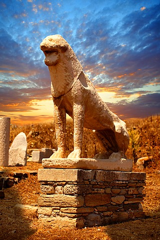 The Avenue of the Lions in the ruins of the Greek city of Delos, the birthplace of the twin gods Apollo and Artemis, Cyclades Islands, Greece, Europe