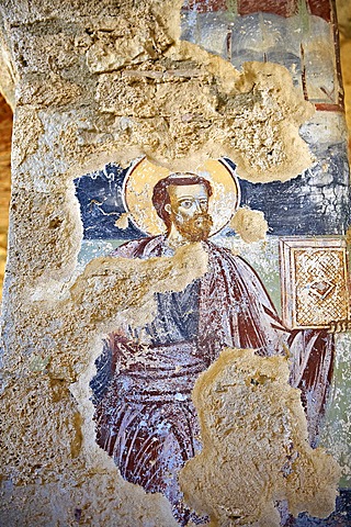 Byzantine fresco of the church of Saint Nicolas, Mystras, UNESCO World Heritage Site, Sparta, Peloponnese, Greece, Europe