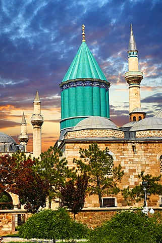 MevlâˆšÂ¢na museum, with the blue domed mausoleum of Jalal ad-Din Muhammad Rumi, a Sufi mystic also known as MevlâˆšÂ¢na or Rumi, Konya, Turkey