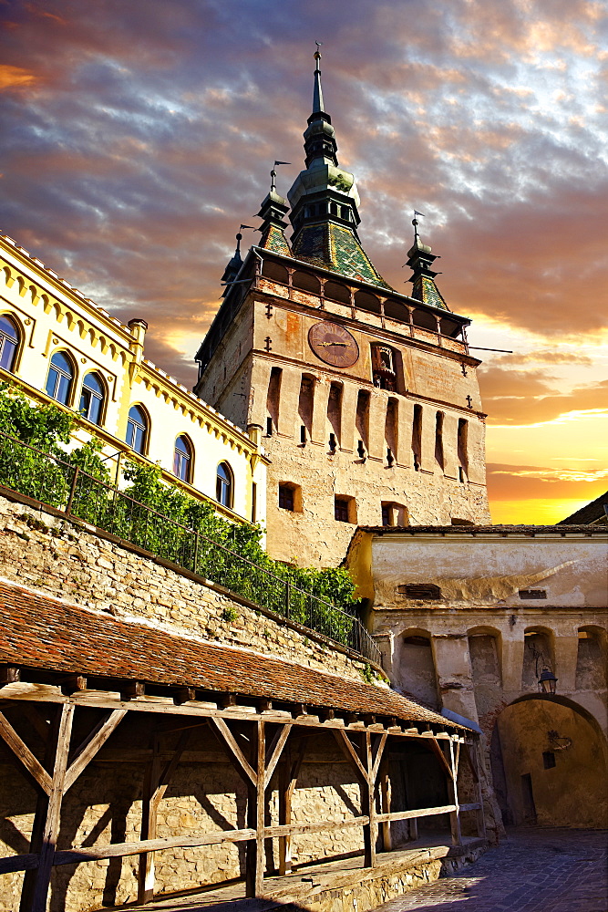 Medieval clock tower and gate of Sighisoara, Saxon fortified medieval citadel, Transylvania, Romania, Europe