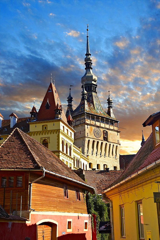 Medieval clock tower and gate of Sighisoara, Saxon fortified medieval citadel, Transylvania, Romania, Europe