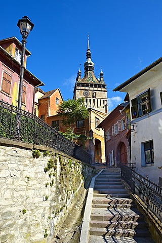 Medieval clock tower and gate of Sighisoara, Saxon fortified medieval citadel, Transylvania, Romania, Europe