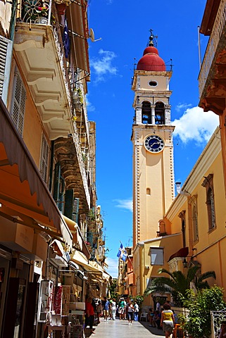 Bell tower of the Greek Orthodox Church of St. Spyridon, the patron saint of Corfu, Corfu, Ionian Islands, Greece, Europe