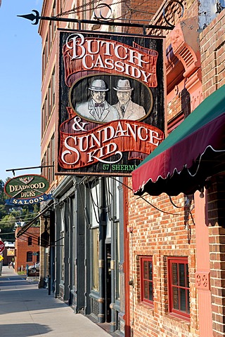 Sign, Butch Cassidy & the Sundance Kid, historical Wild West town, Sherman Street, Deadwood, South Dakota, USA, United States of America, North America