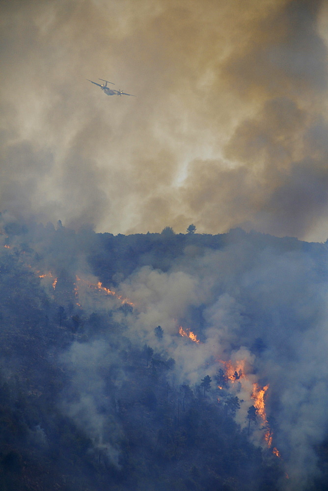 Fire extinction with firefighting aircraft Dash 8 Q400 MR, French SÃƒÂ©curitÃƒÂ© Civile, large-scale forest fire in Castellar, Maritime Alps, Provence-Alpes-CÃƒÂ´te d'Azur, France, Europe