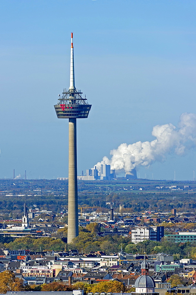 Telecommunications tower Colonius, behind RWE coal-fired power plant NiederauÃƒÅ¸em, Bergheim, Cologne, North Rhine-Westphalia, Germany, Europe