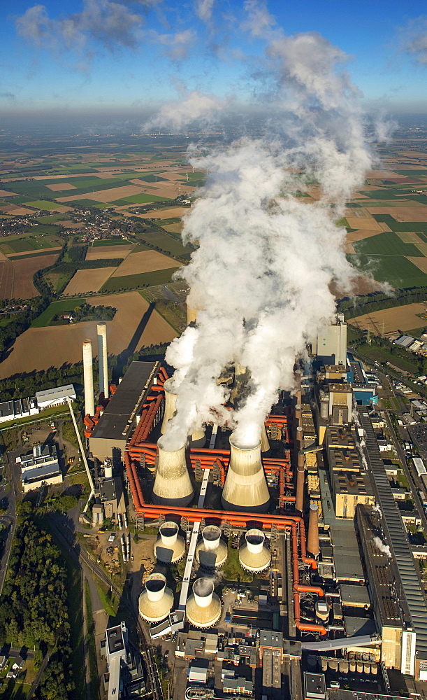 Aerial view, Niederaussem Bergheim RWE power plant, RWE Energy, coal power plant, fossil energies, smoking chimneys, emissions, cooling towers, Rhineland, North Rhine-Westphalia, Germany, Europe