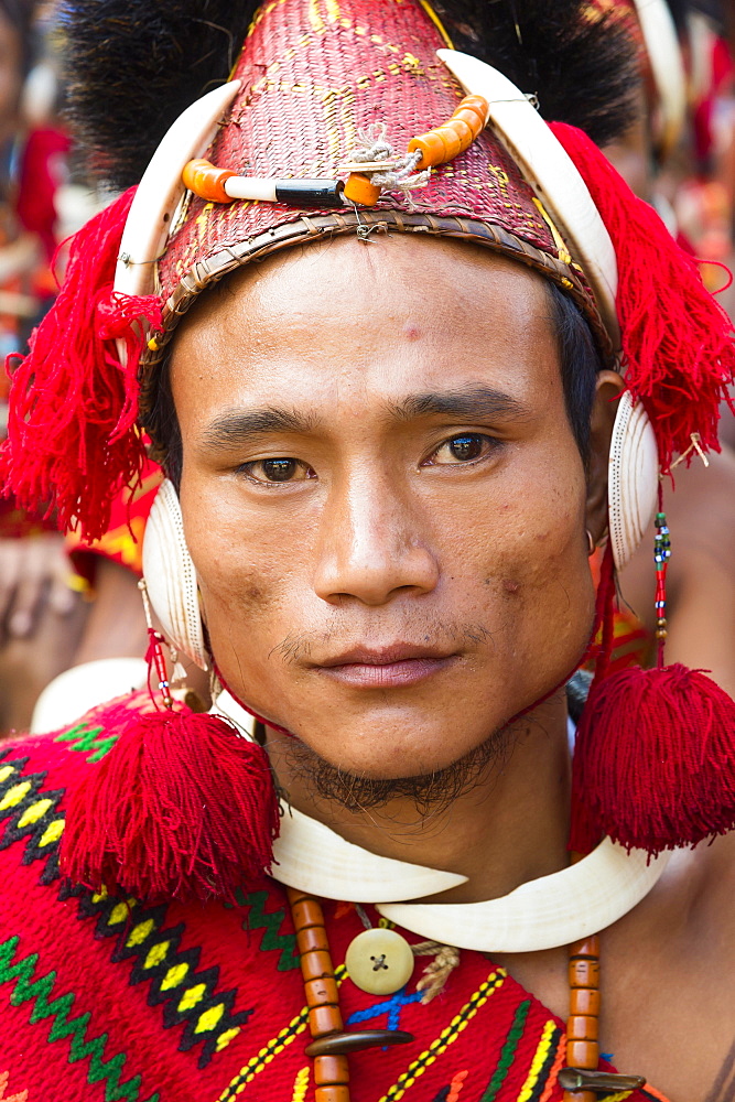 Naga tribal man in traditional outfit, Kisima Nagaland Hornbill festival, Kohima, Nagaland, India, Asia