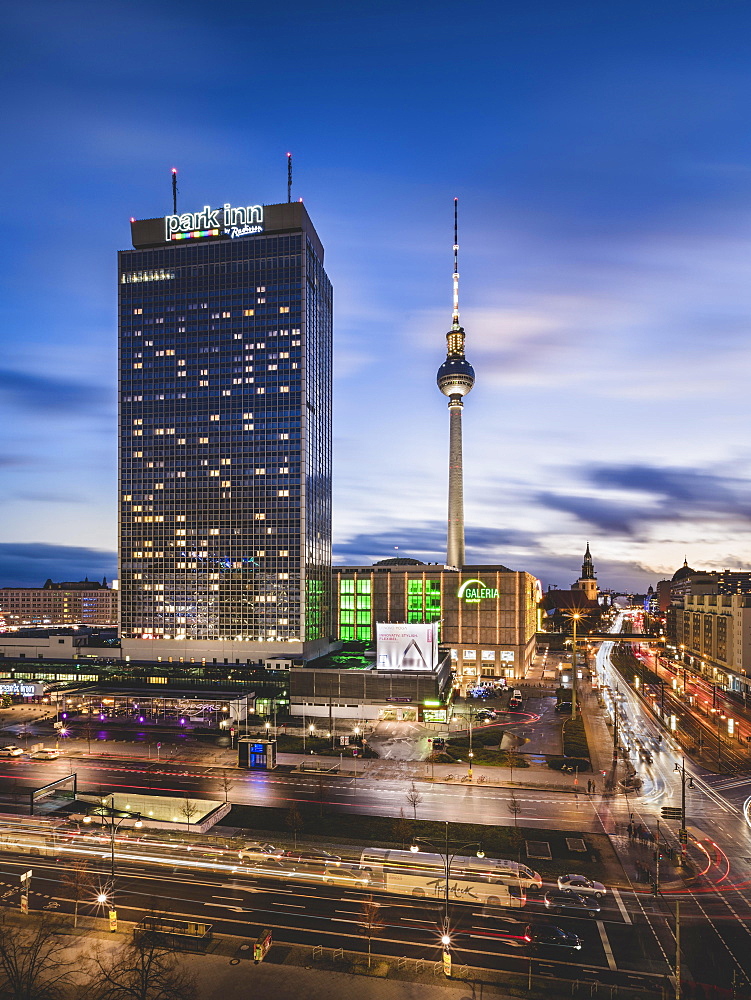 Alexanderplatz with television tower and hotel park inn, blue hour, Berlin, Germany, Europe