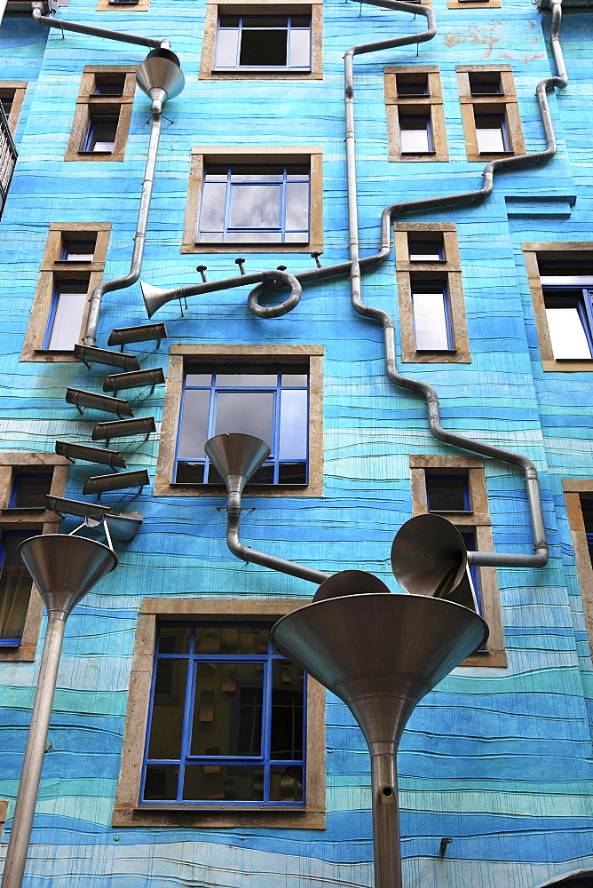 Blue house facade with rain pipes, art project for the element water, courtyard of the elements, Kunsthofpassage, artists Annette Paul, Christoph Rossner and Andre Tempel, Antonstadt, Dresden, Saxony, Germany, Europe