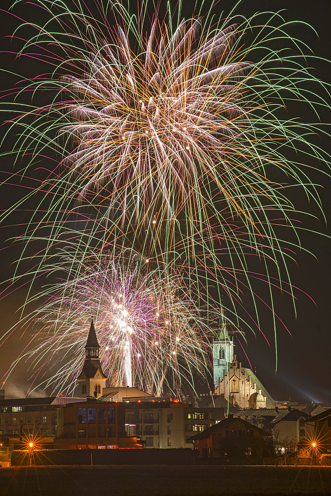 Fireworks, Spitalskirche and parish church, Schwaz, Tyrol, Austria, Europe