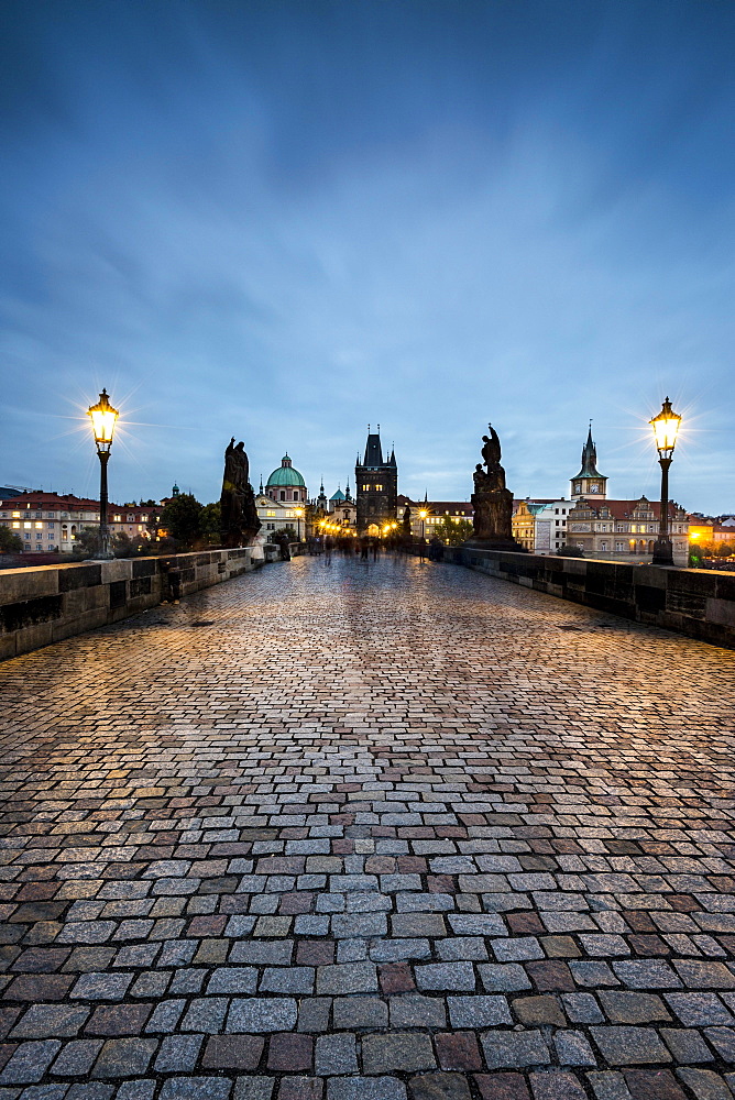 Charles Bridge at dusk, Prague, Bohemia, Czech Republic, Europe