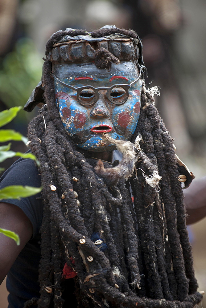 Men of the ethnic group of the Bamileke with traditional masks, Dance of Death in honor of a deceased person, Badenkop, West Region, Cameroon, Africa