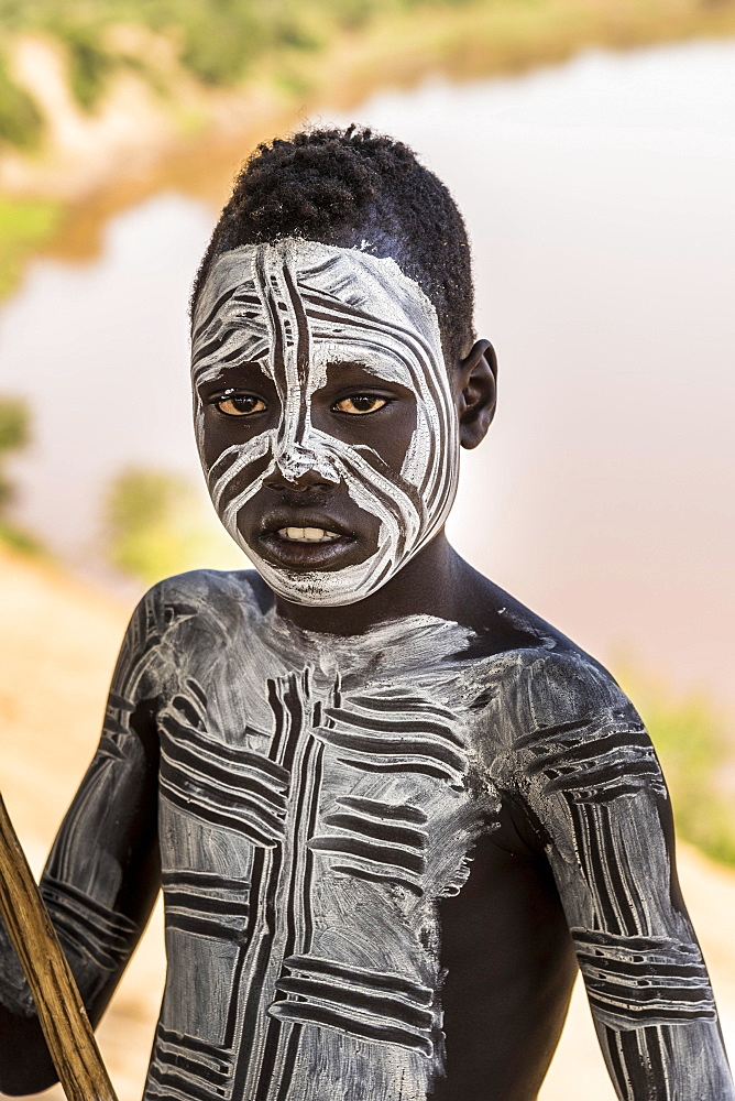 Boy from the Karo tribe, about 12 years, with body painting, Omo River, Southern Nations Nationalities and Peoples' Region, Ethiopia, Africa