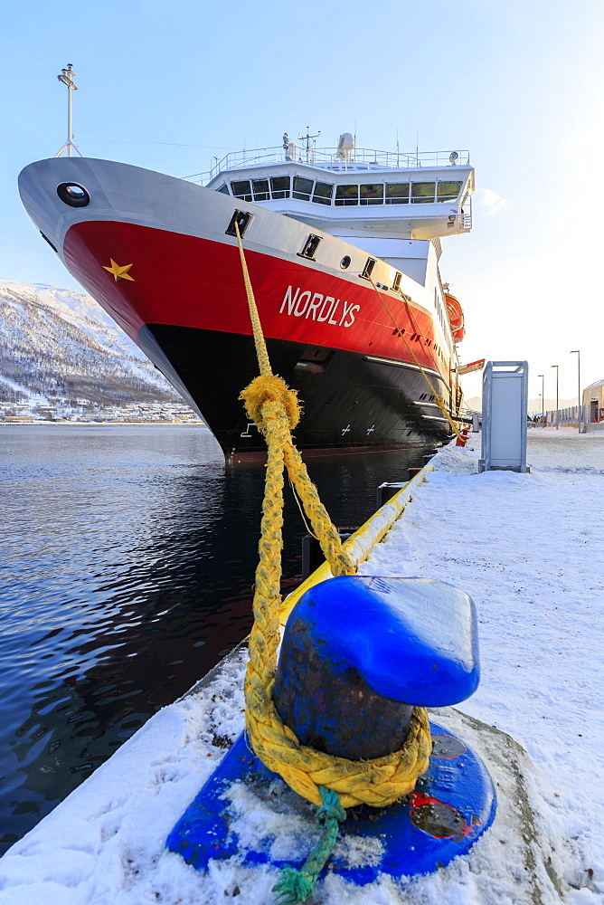 Hurtigruten MS Nordlys docked at harbor, winter, Tromso, Troms Province, Norway, Europe