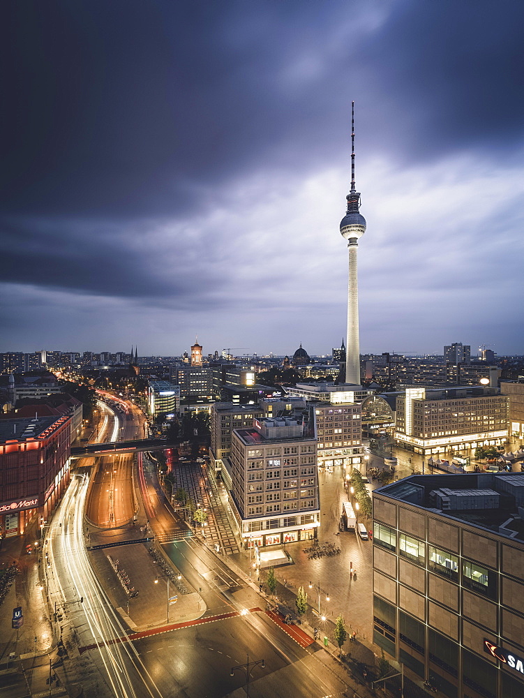 Alexanderplatz and Berlin television tower, blue hour, thunderstorm, Berlin, Germany, Europe