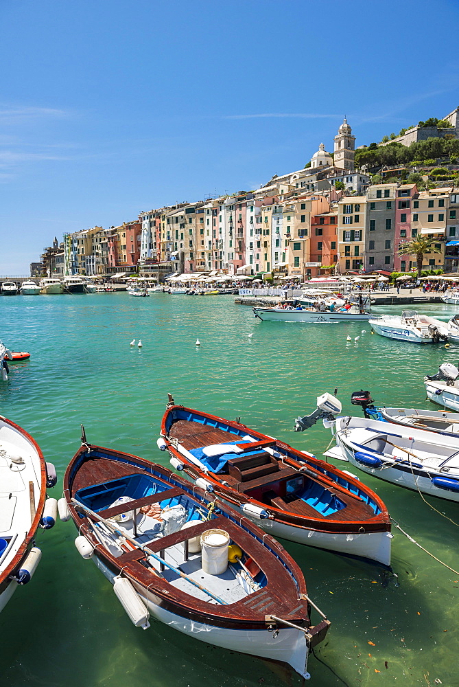 Fishing boats in harbour, Porto Venere, Portovenere, Cinque Terre, Liguria, Italy, Europe