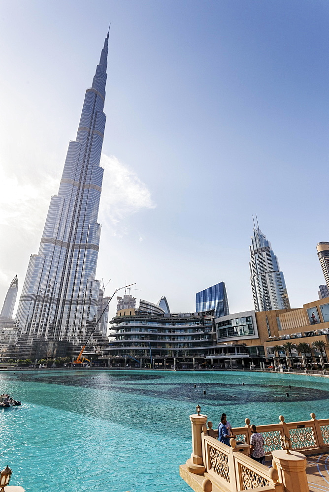 Burj Khalifa Lake, Burj Khalifa, skyscraper, fowntown, Dubai, United Arab Emirates, Asia